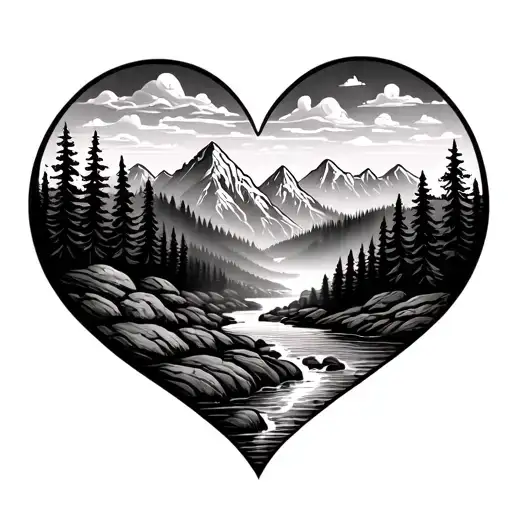 mountains, trees, and stream inside of a heart shape outline tattoo design idea