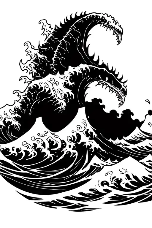 Ocean wave sea monsters tattoo design idea