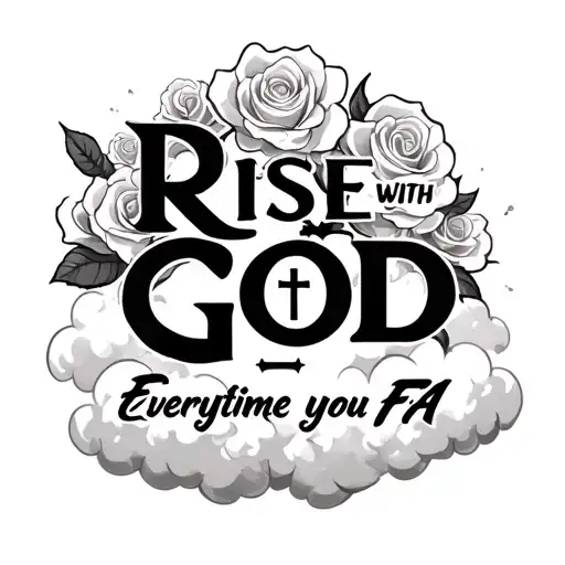 "Rise with GOD Everytime you FA" A cloud background with roses around it and a cross in the middle of it  tattoo design idea