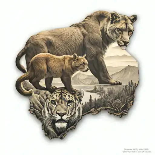 collage a brown bear and a mountain lion inside the shape of california tattoo design idea