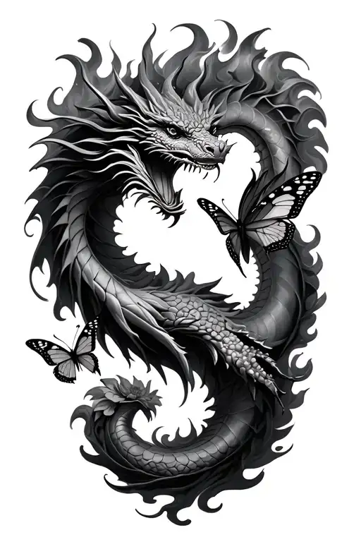 dragon fire flowers smoke butterflies tattoo design idea