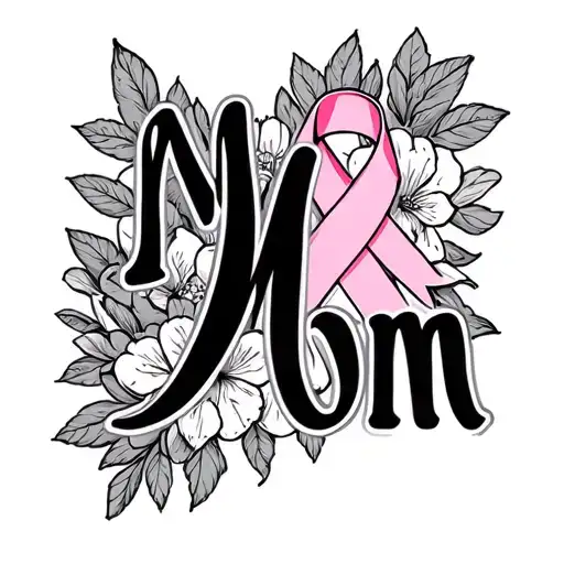"Mom" cursive mom and breast cancer awareness ribbon tattoo design idea