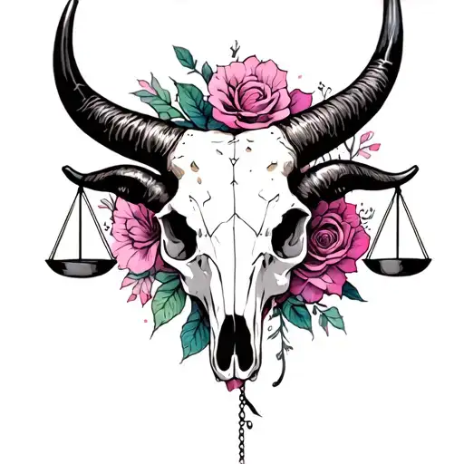 feminine taurus bull skull with Libra scales tattoo design idea