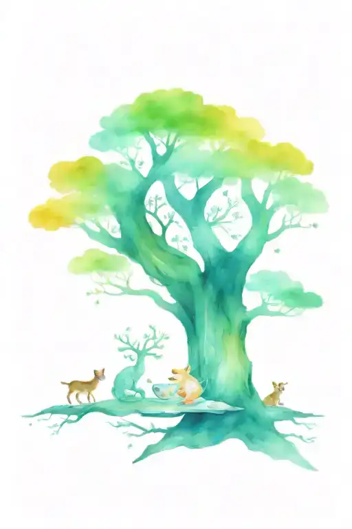 magical tree. underneath are forest animals having a tea party using a tree trunk as a table tattoo design idea