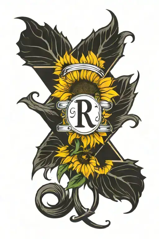 monogram letter R, sunflower, firefighting helmet tattoo design idea