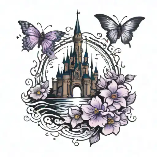 water,paw print, disney castle, semi colon, butterfly, lilac tattoo design idea