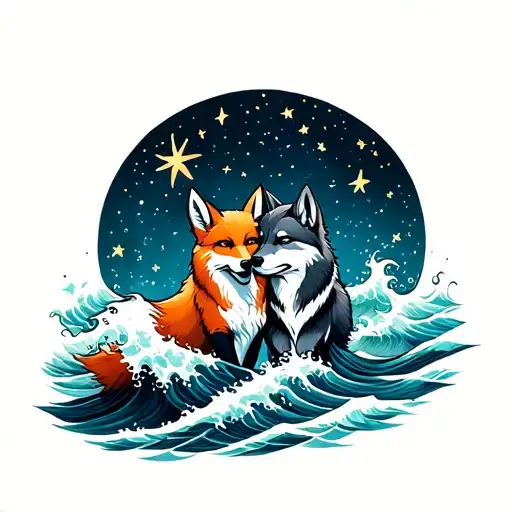 A tattoo of a fox and wolf cuddling under the stars, with the ocean waves crashing in the background tattoo design idea