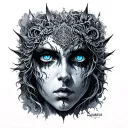 Aquarius, goth style, acrylic color painting , highly detailed face, Blue Eyes. tattoo design idea