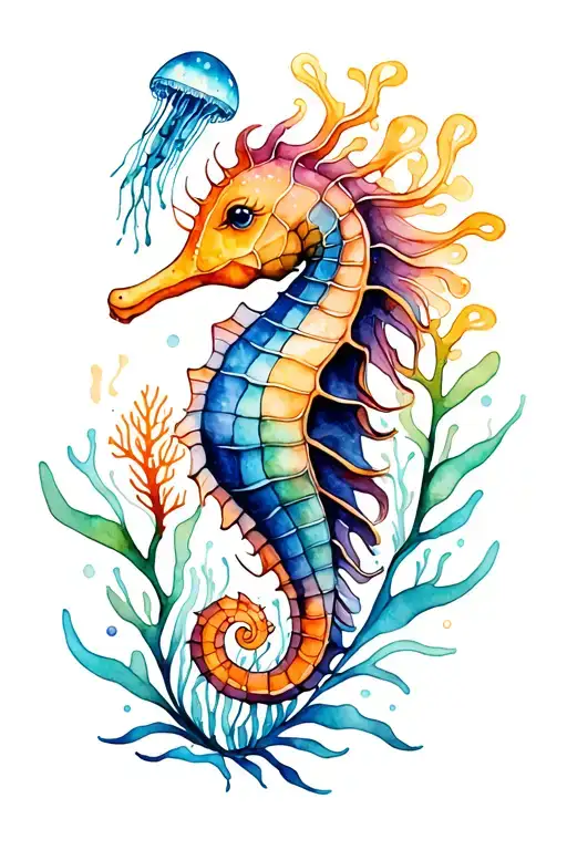 Aquatic and beachy with kelp, a swimming seahorse, a jellyfish, and a coral reef tattoo design idea