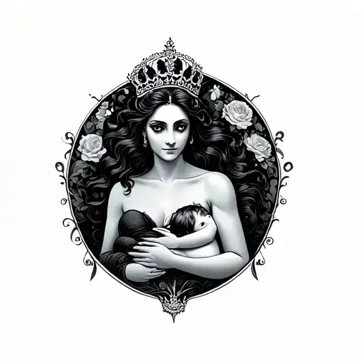 a black queen breast feeding a baby tattoo design idea