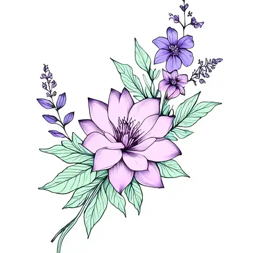 small flower bouquet with a lotus and hibiscus flower and tiny violet flowers  tattoo design idea