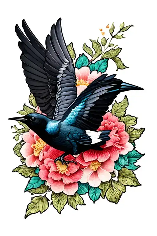 Floral lace patch with black swallow tattoo design idea