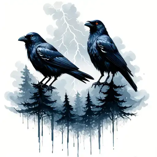 4 crows with trees and cloudy lightning storm  tattoo design idea
