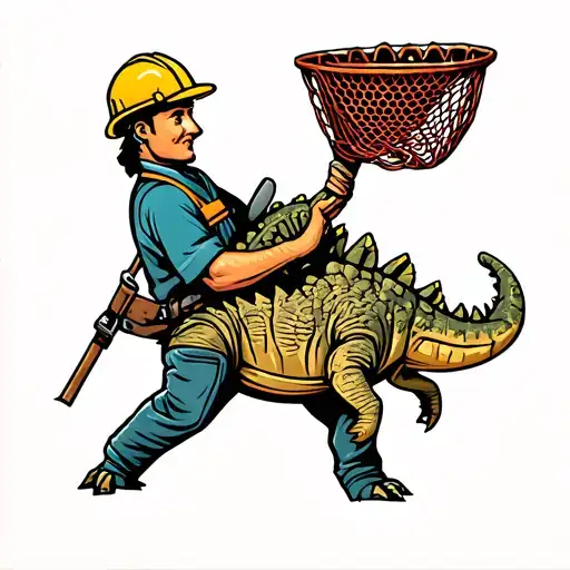 A new-school design of a construction worker holding a fishing net filled with Ankylosaurus fossils tattoo design idea