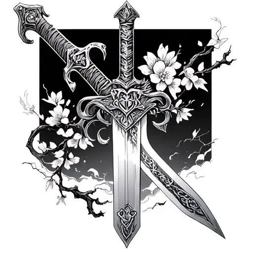 alchemy of souls sword with cherry blossom and magic around the sword  tattoo design idea