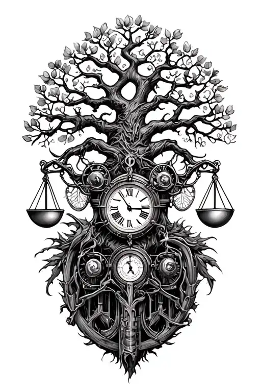 gothic tree of life intertwined with v-twin motor, libra scales and a clock tattoo design idea
