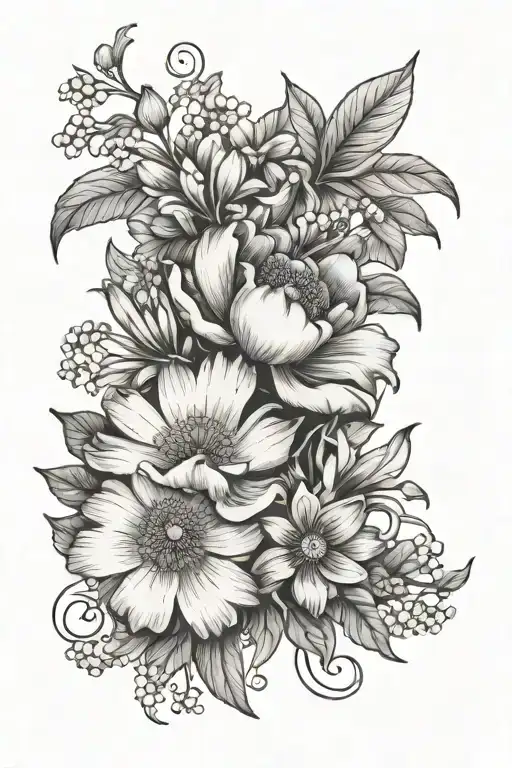 fine line tattoo poppy, chrysanthemum,holly berry, water lily, and lilly of valley tattoo design idea