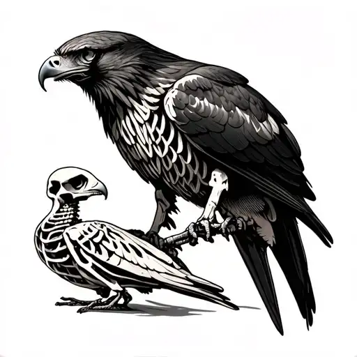 hawk pinning down small bird skeleton neck tattoo design idea
