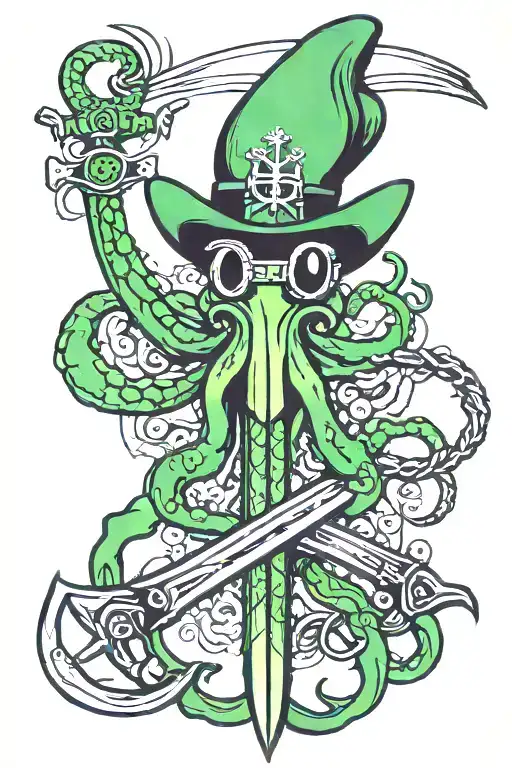 green squid with eyepatch holding sword and anchor tattoo design idea