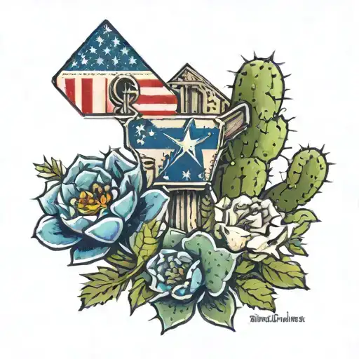 bluebonnets cactus a small windmill,American flag,Texas flag,postage stamp, bull skull tattoo design idea