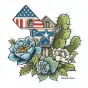 bluebonnets cactus a small windmill,American flag,Texas flag,postage stamp, bull skull tattoo design idea