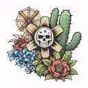 bluebonnets cactus a small windmill,American flag,Texas flag,postage stamp, bull skull tattoo design idea