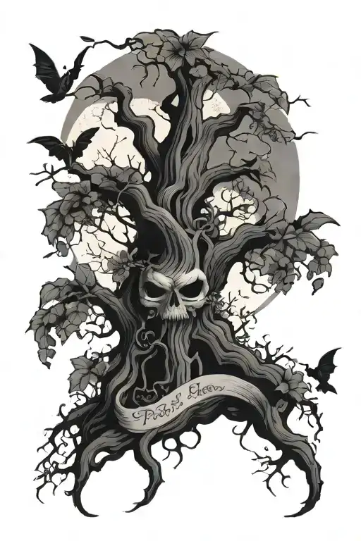 poison tree w bats and a moonlight Carmen on the bottom with cursive letters tattoo design idea