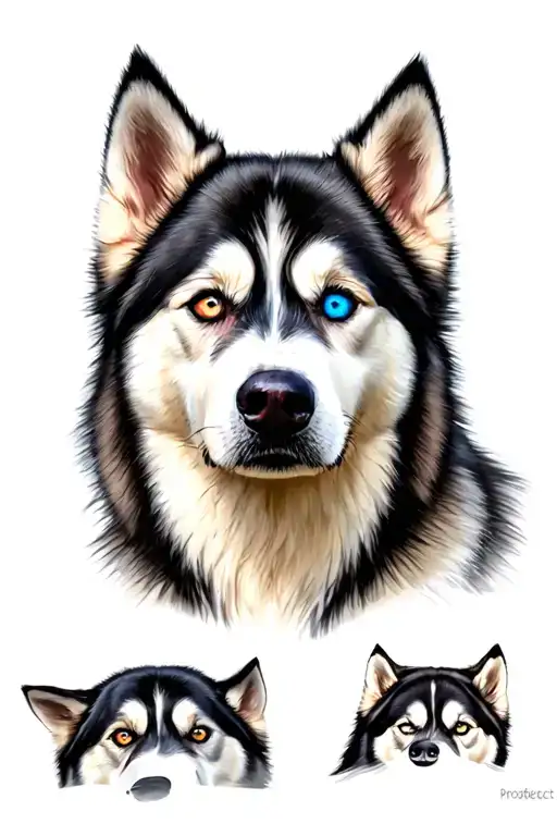 Siberian Husky with a blue eye and a brown eye tattoo design idea