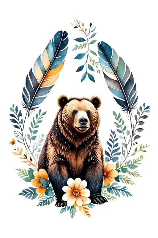 grizzly bear with feathers and flowers intertwined tattoo design idea