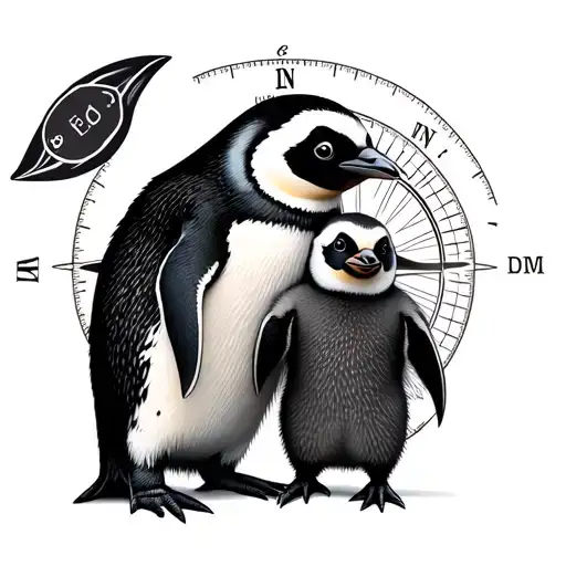 realistic mum and baby  penguin standing in a compass  tattoo design idea
