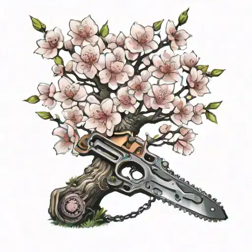 blossom tree with chainsaw chain wrapped tattoo design idea