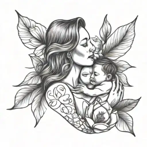 outline drawing of mother breastfeeding with magnolia flower and names written Evelyn and woody  tattoo design idea