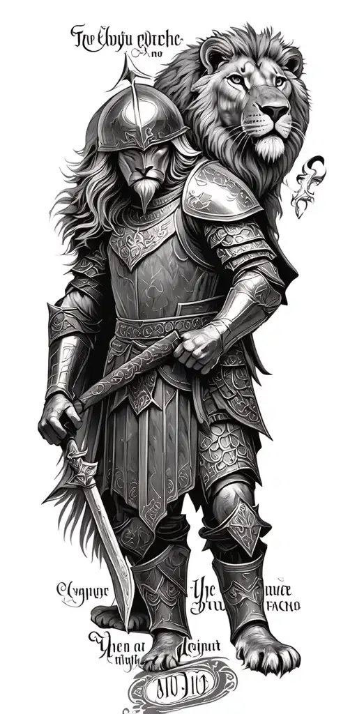 knight templar with a lion and a warrior bible verse written tattoo design idea