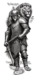 knight templar with a lion and a warrior bible verse written tattoo design idea