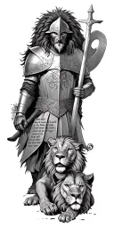 knight templar with a lion and a warrior bible verse written tattoo design idea