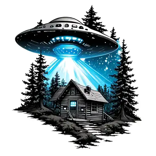 ufo with blue beam over a cabin in the woods tattoo design idea