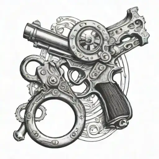 Vintage magnifying glass and handcuffs intertwined with a derringer gun tattoo design idea