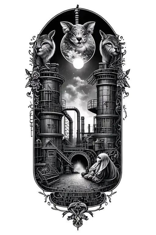 A dark romance themed tattoo incorporating elements of a factory setting and a mysterious love story, with animals hidden within the design tattoo design idea