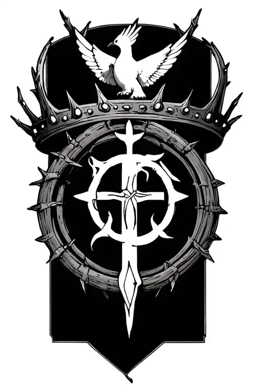 thorn crown in a circle with a cross in the middle and a dove on top tattoo design idea