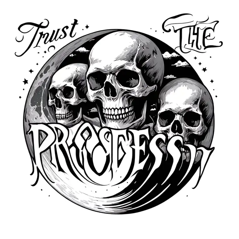 "Trust the process" skulls depicted as moon phase going down spine tattoo design idea