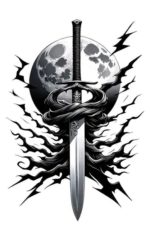 The katana wrapped in black power looks like lightning and behind the katana itself, on top, is the moon. tattoo design idea