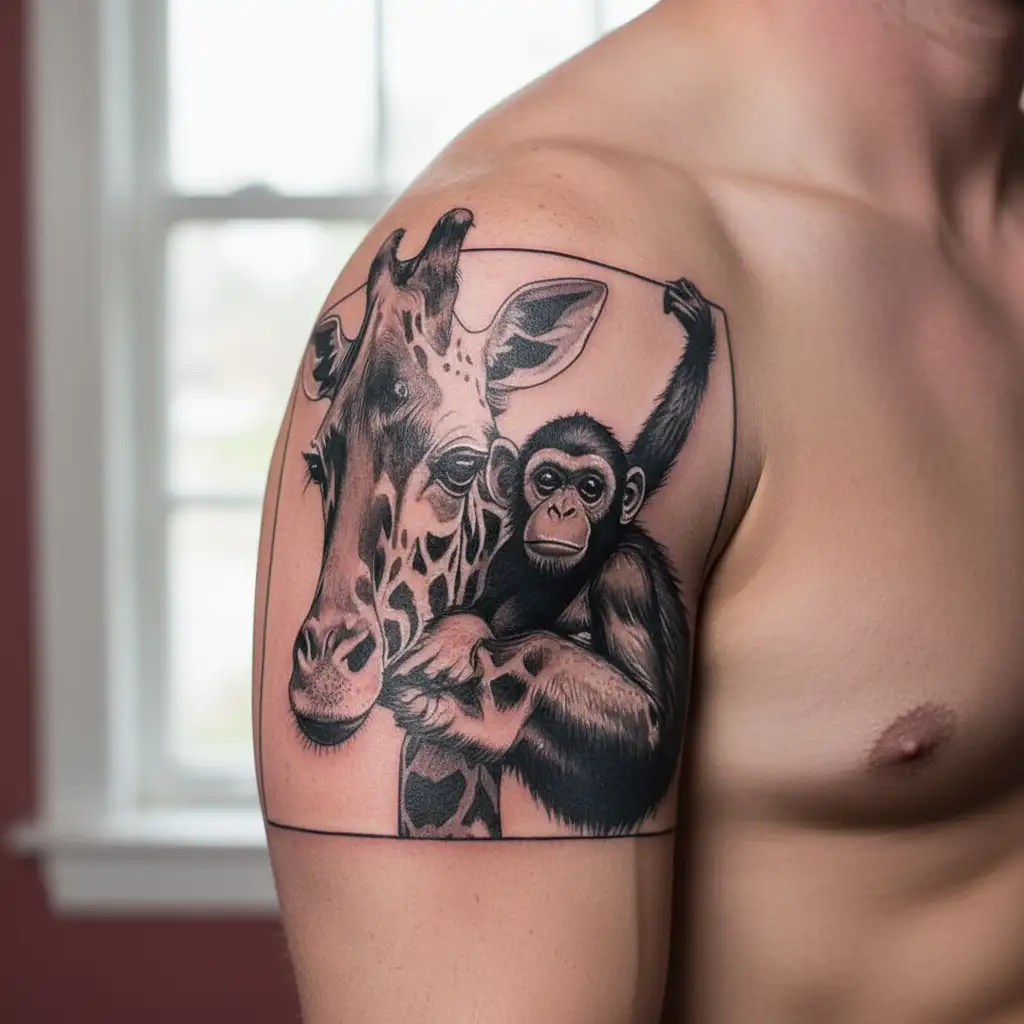 monkey hanging on giraffe playing tattoo design idea