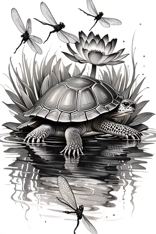 A realistic turtle watching dragonflies with a water lily border in a Black and grey tattoo tattoo design idea