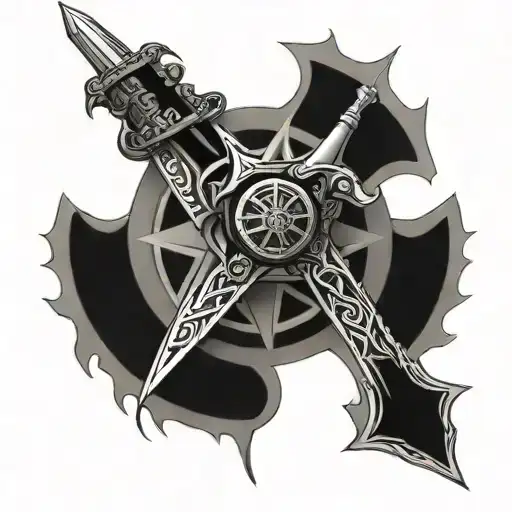 Wheel of TIme and sword piercing tattoo design idea