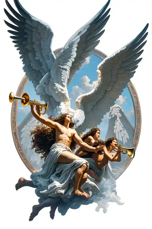 angels fighting demons flying with open wings and heavens gates in background and trumpets playing tattoo design idea