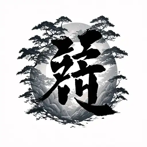 Chinese character surrounded by trees tattoo design idea