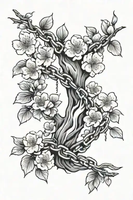 cherry blossom tree with a broken metal chain around it with family love written into it.  tattoo design idea