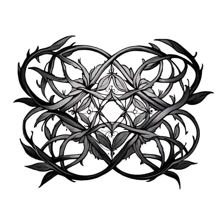sacred geometry mandala, vines wrapping, leaves intertwined tattoo design idea