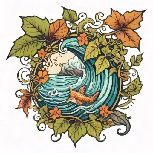 sea and ivy leaves tattoo design idea