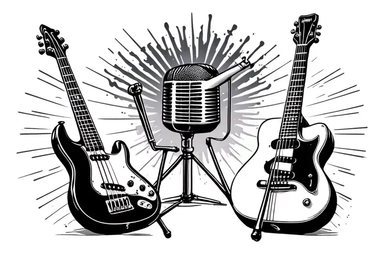 a fine line tattoo of a bass guitar and an acoustic guitar with a mic stand in between the two tattoo design idea